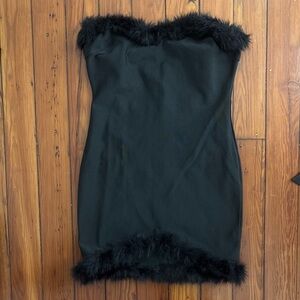 Black Strapless Dress with Faux Fur Trim